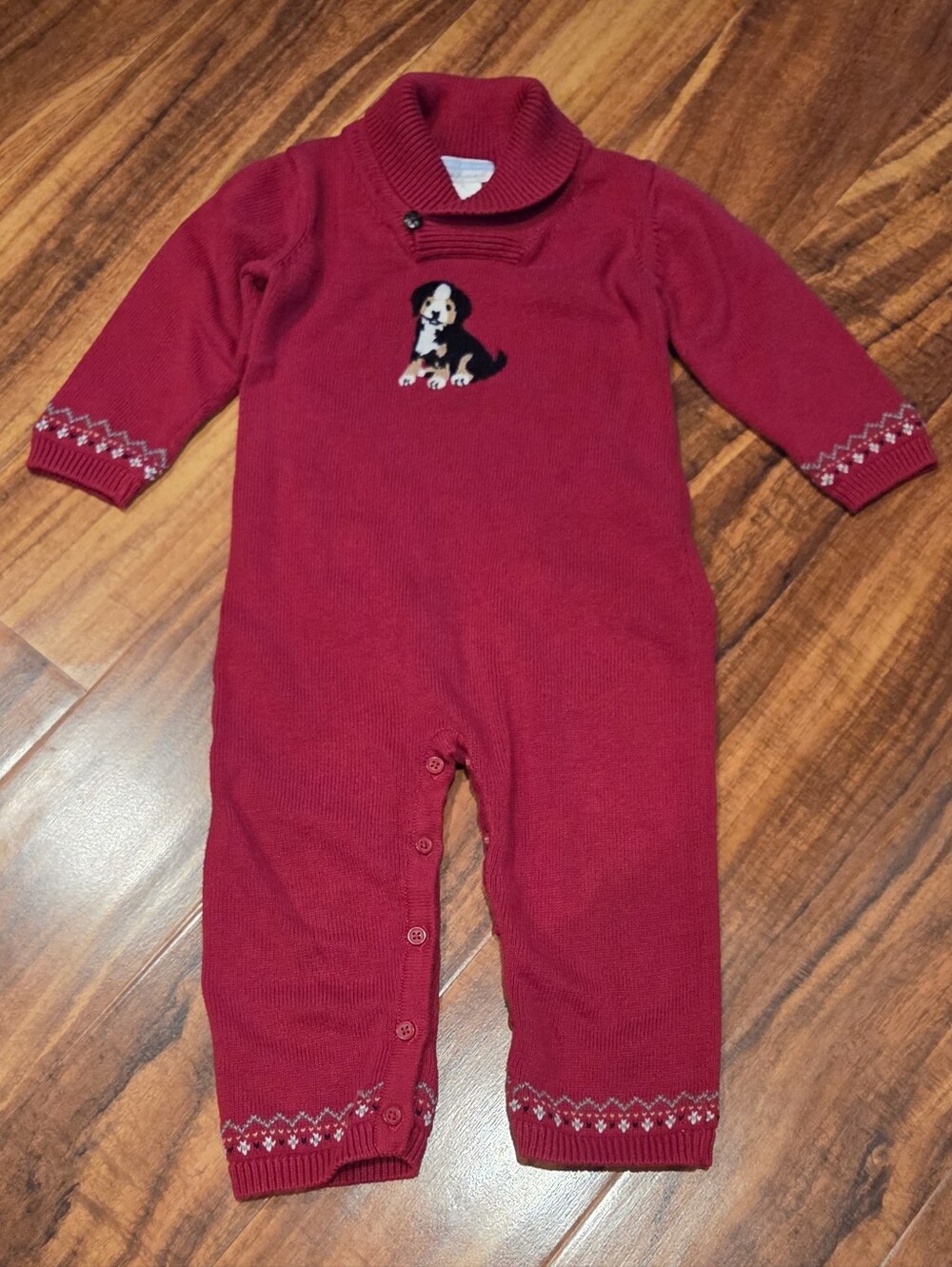 Janie and Jack EUC 12-18 Red Dog Holiday Fair Isle Sweater Romper